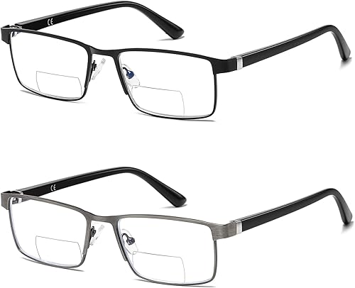 LKEYE Lentes de lectura bifocales para hombre luz azul para lectura de computadora parte superior transparente marco de metal anteojos de bisagra de