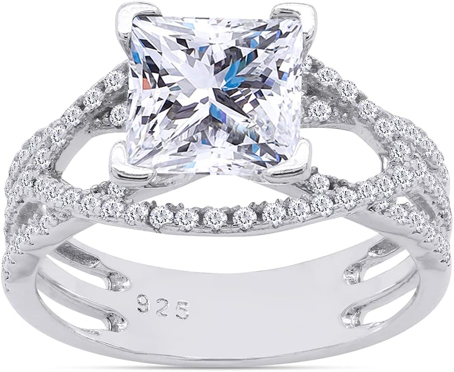 SAVEARTH DIAMONDS Princess Cut 6MM Center, Round Sparkling White Cubic Zirconia Split Shank Crossover Cluster Bypass Engagement Ring For Women In 14k Gold Over Sterling Silver