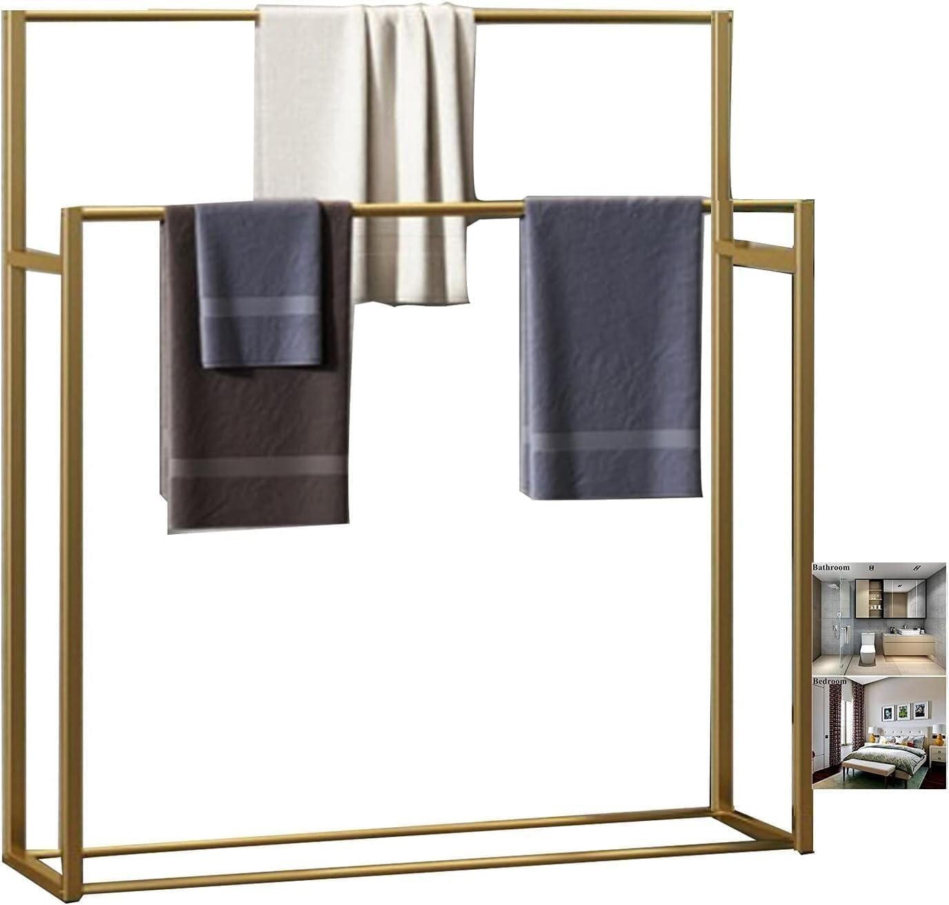 Amazon.co.jp: スタンド式 タオル掛け タオルラック 置き型 バスタオル掛け 304 ステンレス鋼の立っているタオルラック 2  層タオルスタンドタオルバー浴室用 タオルハンガー タオル かけ タオルスタンド バスタオルホルダー (Color : B) : ホーム＆キッチン 2層の自立型タオルラック - メタルバスタオルホルダースタンド3色のスタイリッシュタオルレール（D 70 * 22 * 100cm）