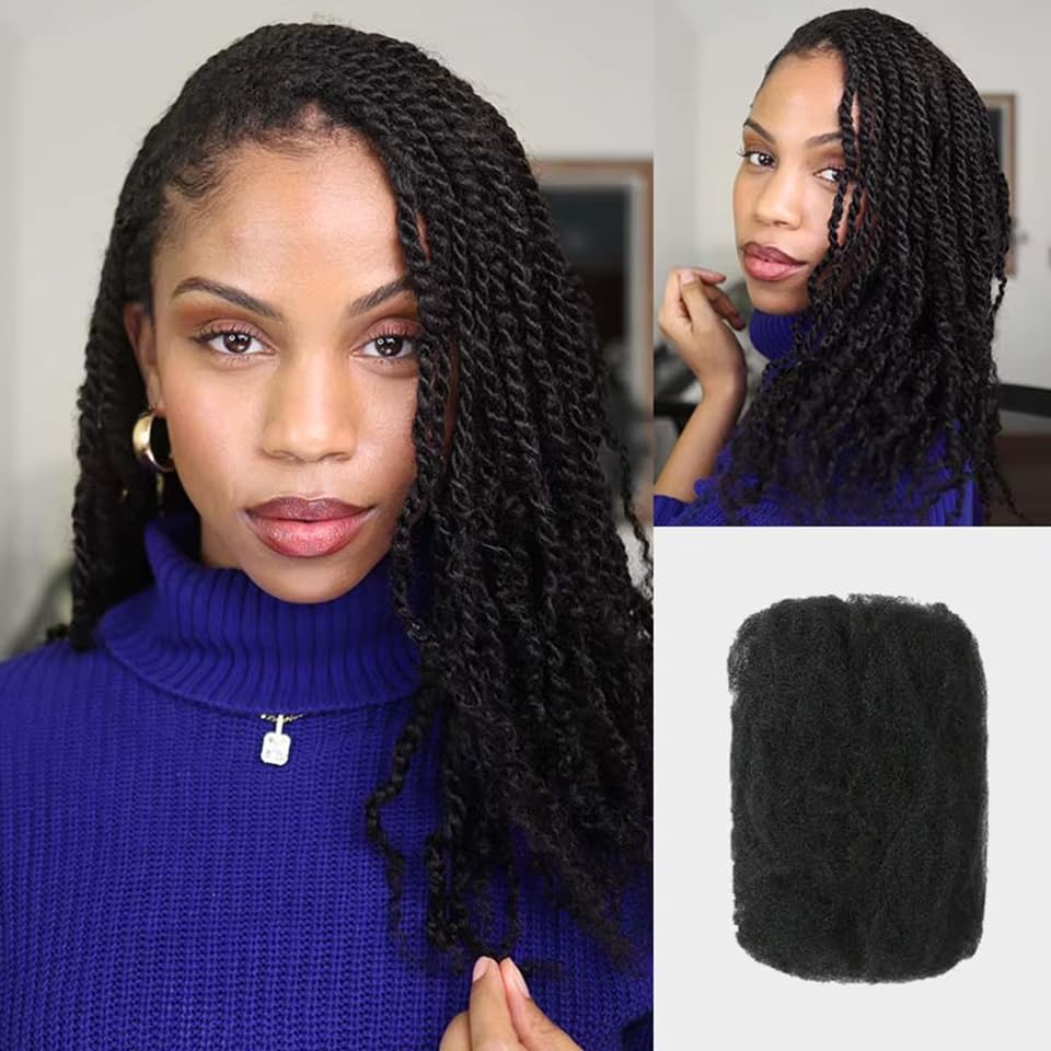 Romolhy Afro kinkys Bulk Human Hair for Daredlocks Extensions Repair Locs Twist Braiding Afro Kinky Bulk Human Hair For Braiding 30g/pack(18 Inch,#1B)