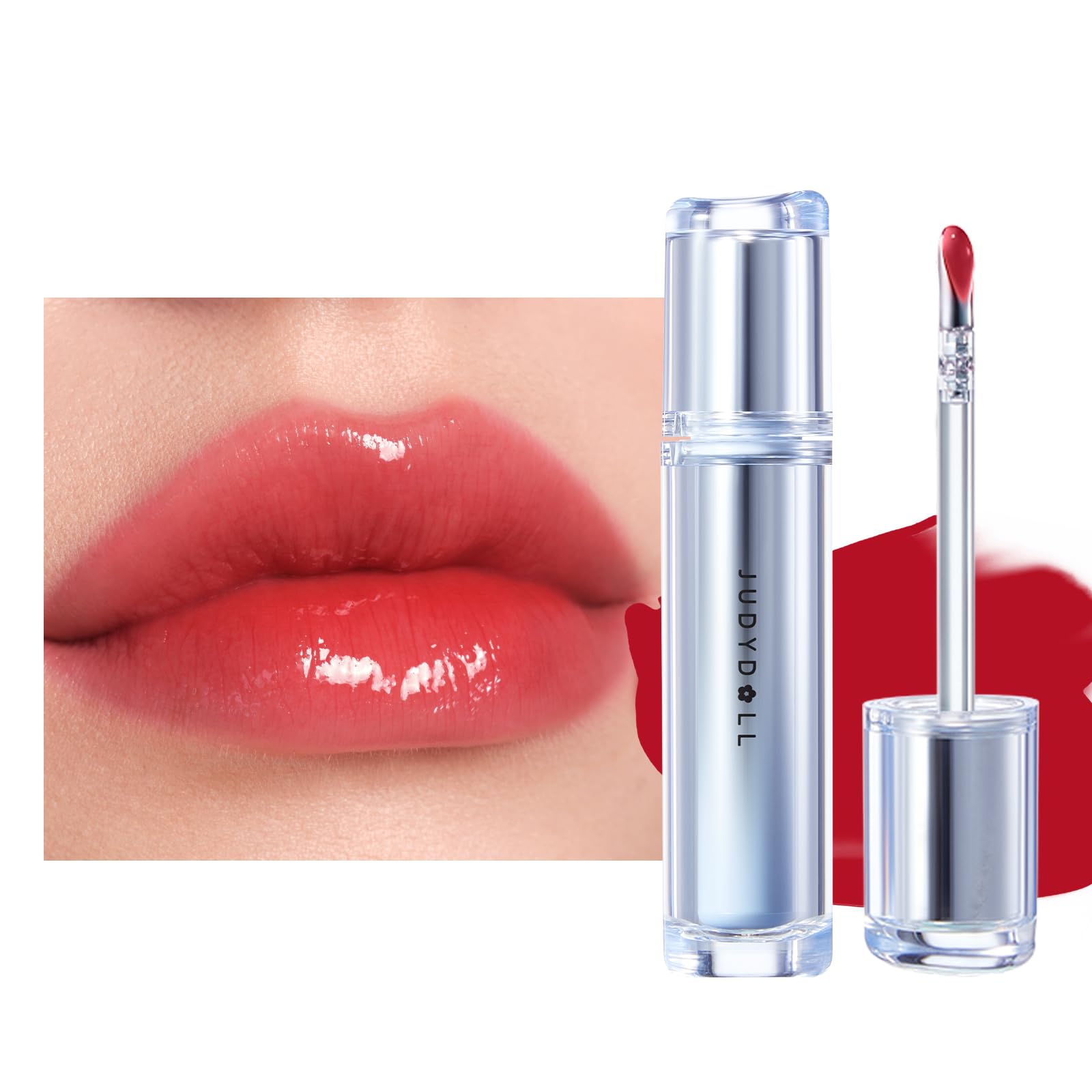 JUDYDOLL Ice Watery Lip Gloss, Moisturizing Liquid Lipstick with Hyaluronic Acid & Collagen,Long-lasting Mirror Lip Glazes with Iron Applicator(#07 Cherry Fizz, 2.4 Grams)