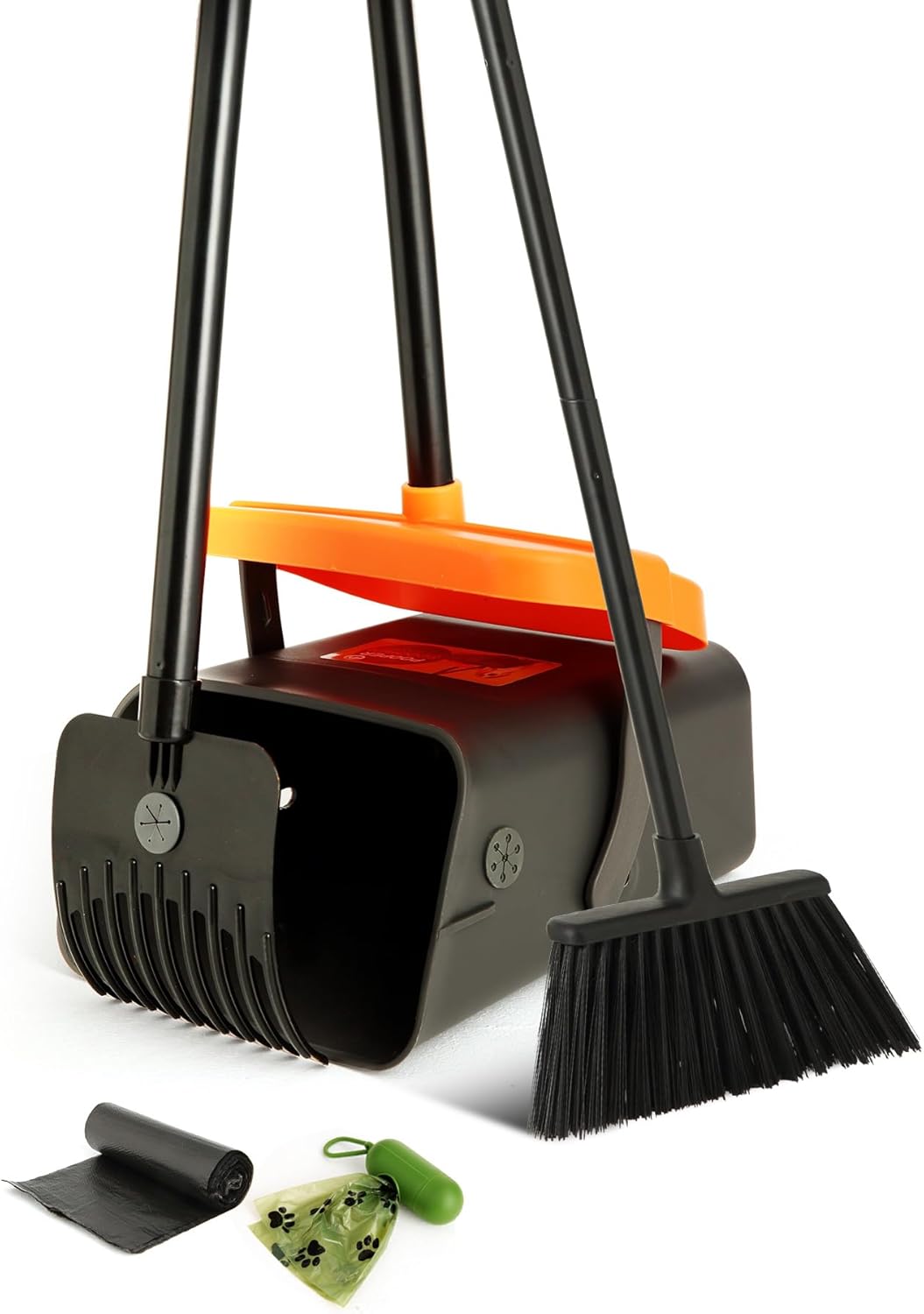 eyliden pooper scooper broom set, include - dustpan with lid, rake, broom, 35 waste bags, 46" adjustable long handle - yard lawn garden dog pooper scooper leaf rake, dust pan and broom combo orange