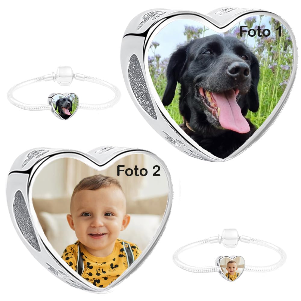 Silber 925 Personalisierter Schmuck Foto-Charm – Kompatibel mit Pandora-Armbändern, Liebe Herz Personalisiertes Geschenk – Fügen Sie Ihr Bild hinzu (Beidseitig 2x Foto)
