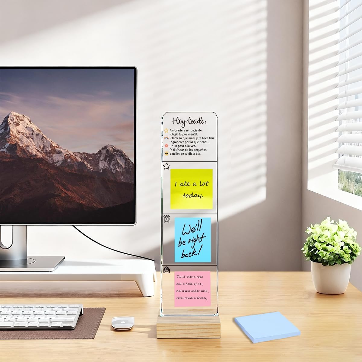 Sticky Note Holder, Monitor Memo Board, Acrylic Post It Note Holder with Wooden Base, Includes 100 Notes, Daily Reminder Desk Organizer, Self-Care Quote “Hoy Decide” image 5