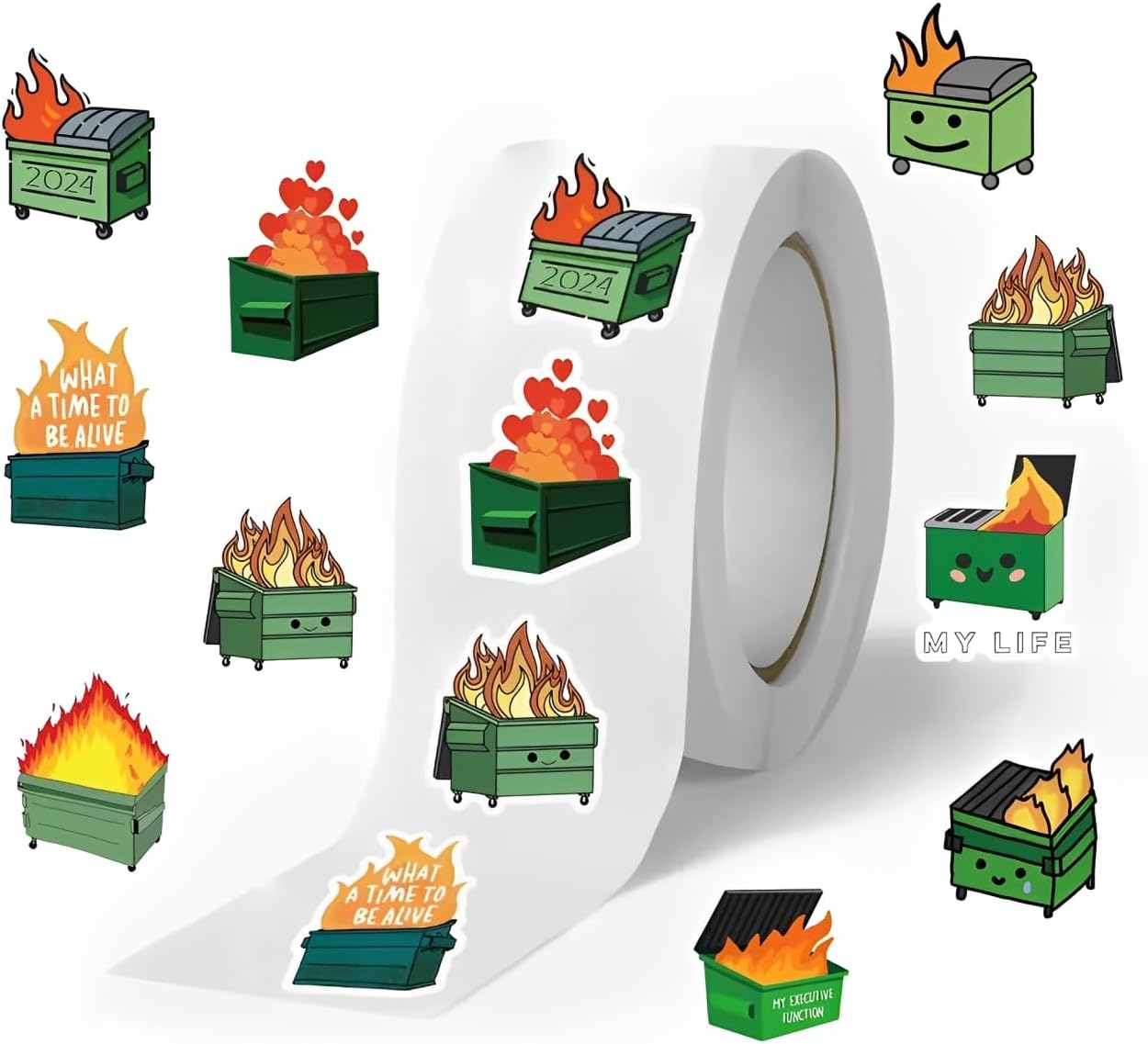 Dumpster Fire Decorative Sticker Roll, Funny Meme Decals, White