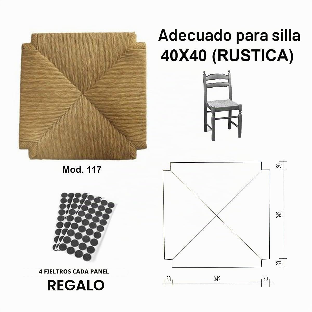 ZStyle Juego de asientos de paja mod. 117, 40 x 40 cm, asiento de repuesto, marco y fondo para sillas de paja + fieltros de regalo (4 unidades)