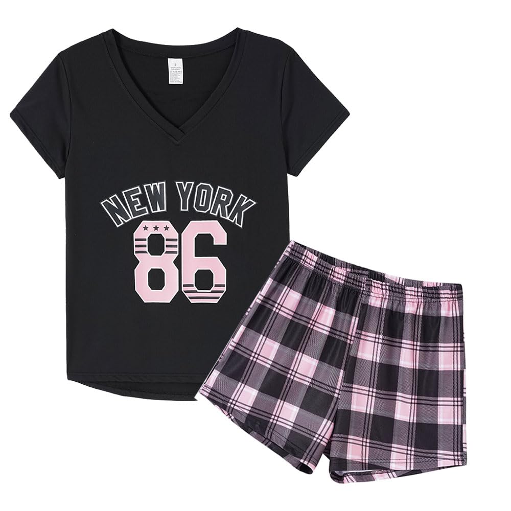 YIJIU Women Short Sleeve Tee and Shorts Pajama Set Cute Alpaca Print Sleepwear Medium Black Letter