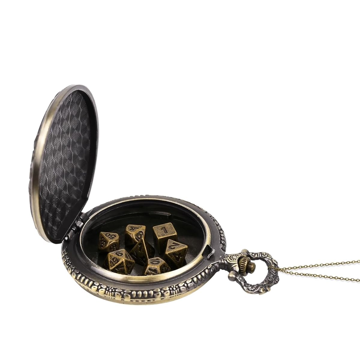 Mini set di dadi DND con orologio a forma di testa di lupo in rilievo, 7 dadi poliedrici in lega di zinco, catena in bronzo anticato, confezione regalo per giochi di ruolo da tavolo