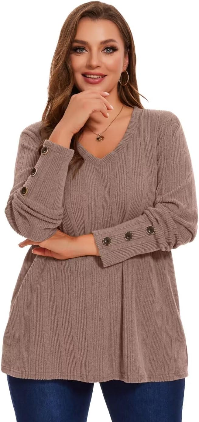 MONNURO Womens Plus Size Tops V Neck Long Sleeve Button Lightweight Tunic Sweaters Shirts Loose Fit - Image 3
