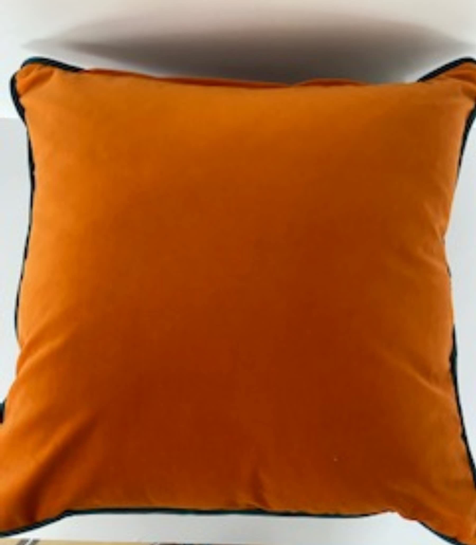 Jansons Direct Linens Stunning Velvet Feel Cushion Cover in Pumpkin Orange with Teal Band 50cm x 50cm or 60cm x 60cm (60cm x 60cm)