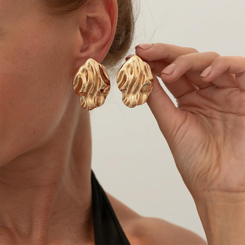 Chunky Gold Wavy Pleated Stud Trendy Earrings for Women, Statement Silver Hammered Textured Irregular Geometric Earring Unique Prom Party Jewelry Gifts - Image 5