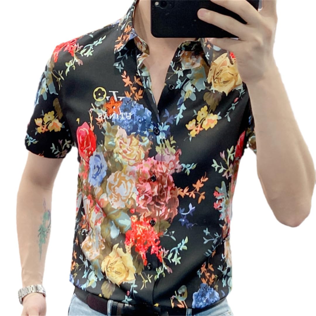 Yeuyyben Camicia A Maniche Corte da Uomo Slim Fit Estiva Camicia Floreale Camicie Eleganti da Lavoro Casual Abbigliamento da Uomo