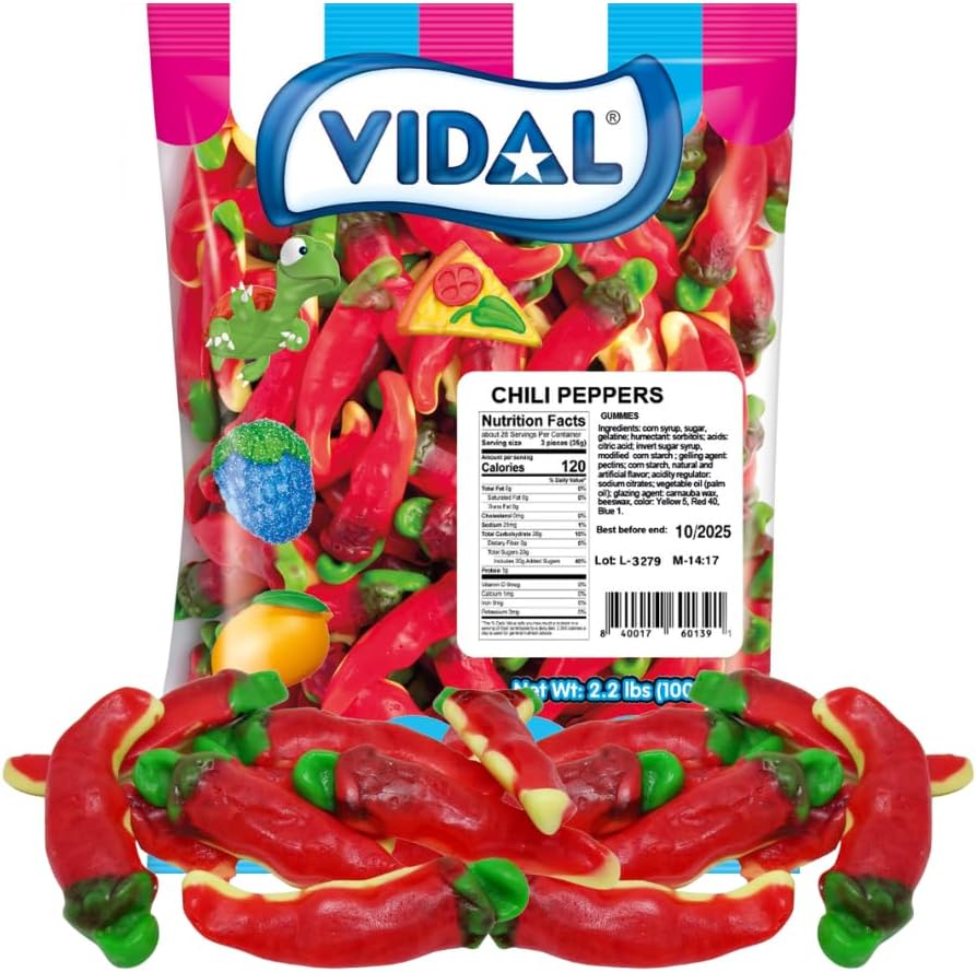 Vidal Chili Pepper Gummies Gift, Cherry Flavored Filled Gummy Candy - 2.2lb Bag By Lyza's Sweets & Treats