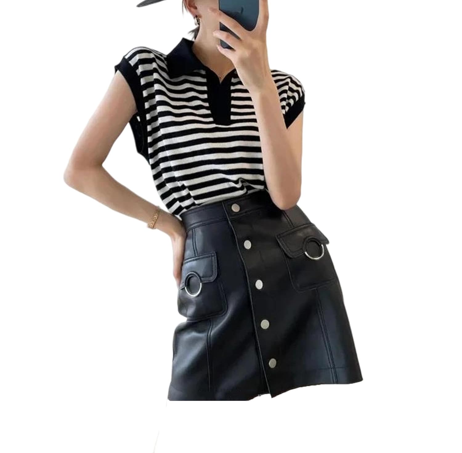 Womens Casual Faux Leather A-Line Mini Skirt Non-Stretch High Empire Waist with Button Detail Short Skirt