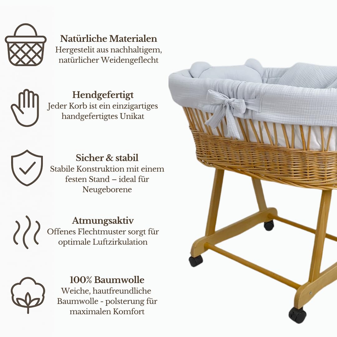 Wózek wiklinowy dla niemowląt z kółkami i hamulcem – kosz Mojżesza z naturalnej wikliny, w zestawie materac i jasnoszara pościel ze 100% bawełny, bezpieczny i mobilny, model Amelia