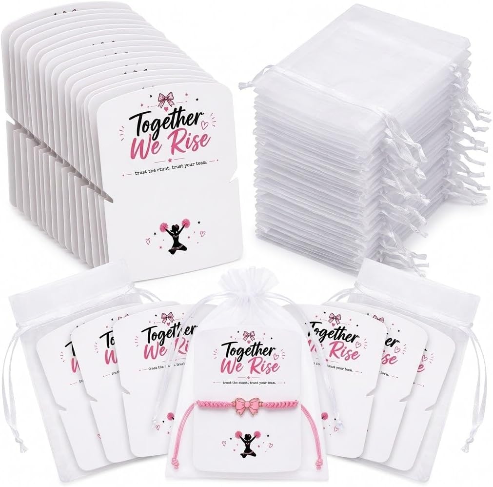 Cheerleader Bracelet Bulk Set, Pink Braided Cord with Bow Charm, Adjustable, 24 Pack with Cards & Organza Bags