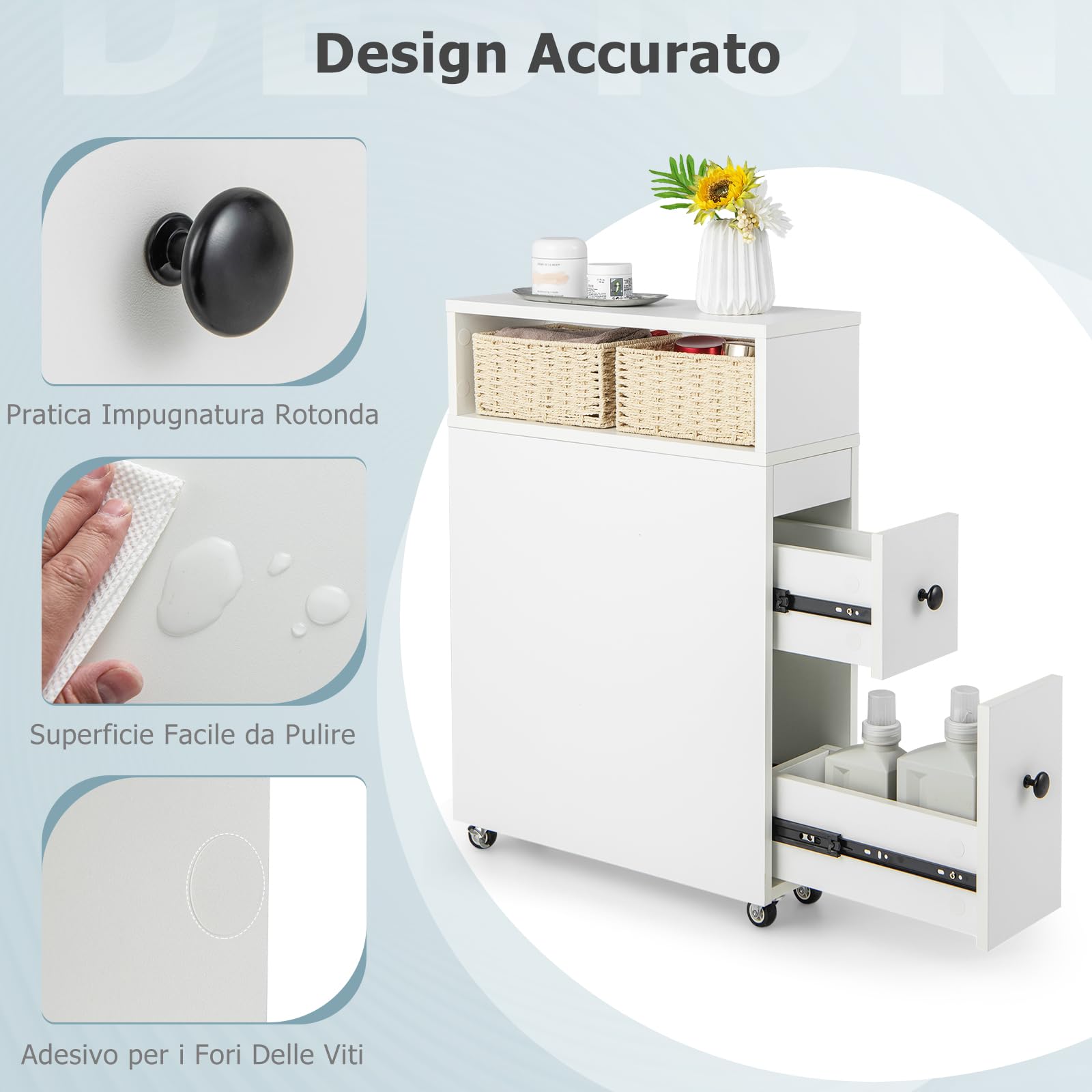 GYMAX Mobiletto da Bagno, Porta Carta Igienica Autoportante con 2 Cassetti Estraibili, 2 Cesti di Vimini e Portaspazzolino, Mobile Stretto Laterale Rotante per Toilette (Bianco)