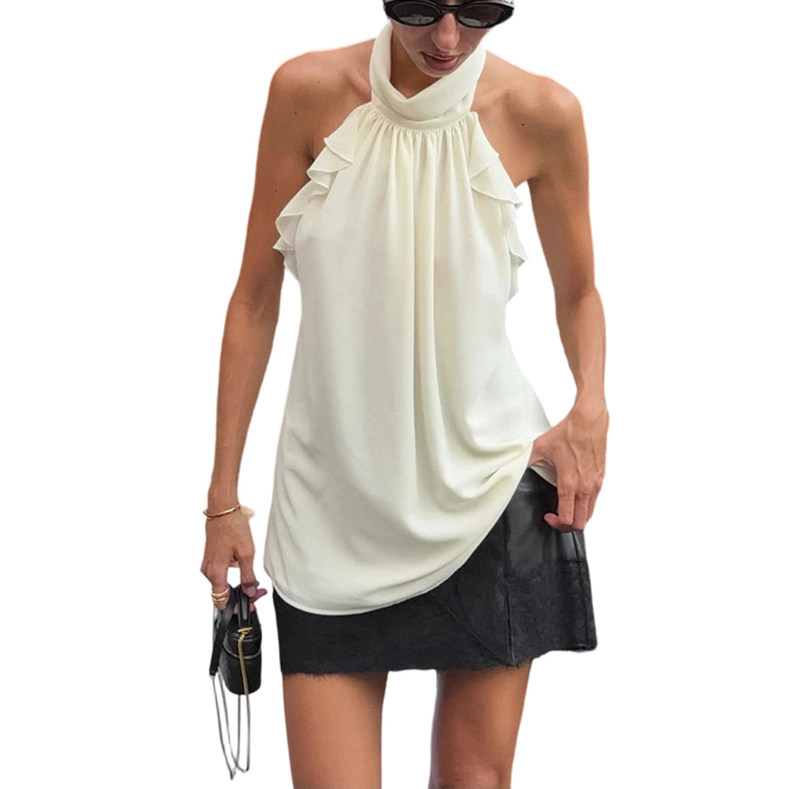Débardeur Femme en Chiffon à Volants, Dos Nu, Sans Manches, Blouse Décontractée d'Été, Top pour Sortir