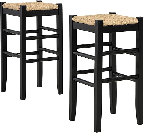 Signature Design by Ashley Mirimyn Farmhouse - Taburete de bar de altura de barra de 29.5 pulgadas con asientos de mimbre tejido, 2 unidades, negro
