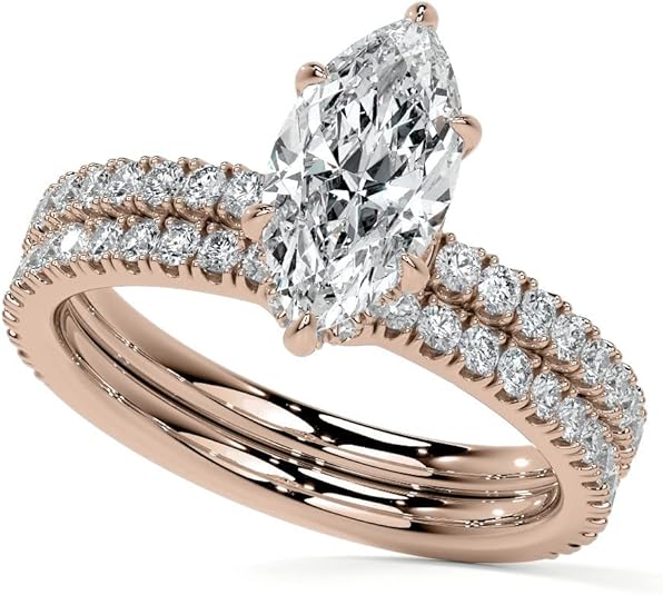 10K Solid Rose Gold Handmade Engagement Ring 3 CT Marquise Cut Moissanite Diamond Solitaire Wedding/Bridal Rings for Womens/Her Engagement Ring Set