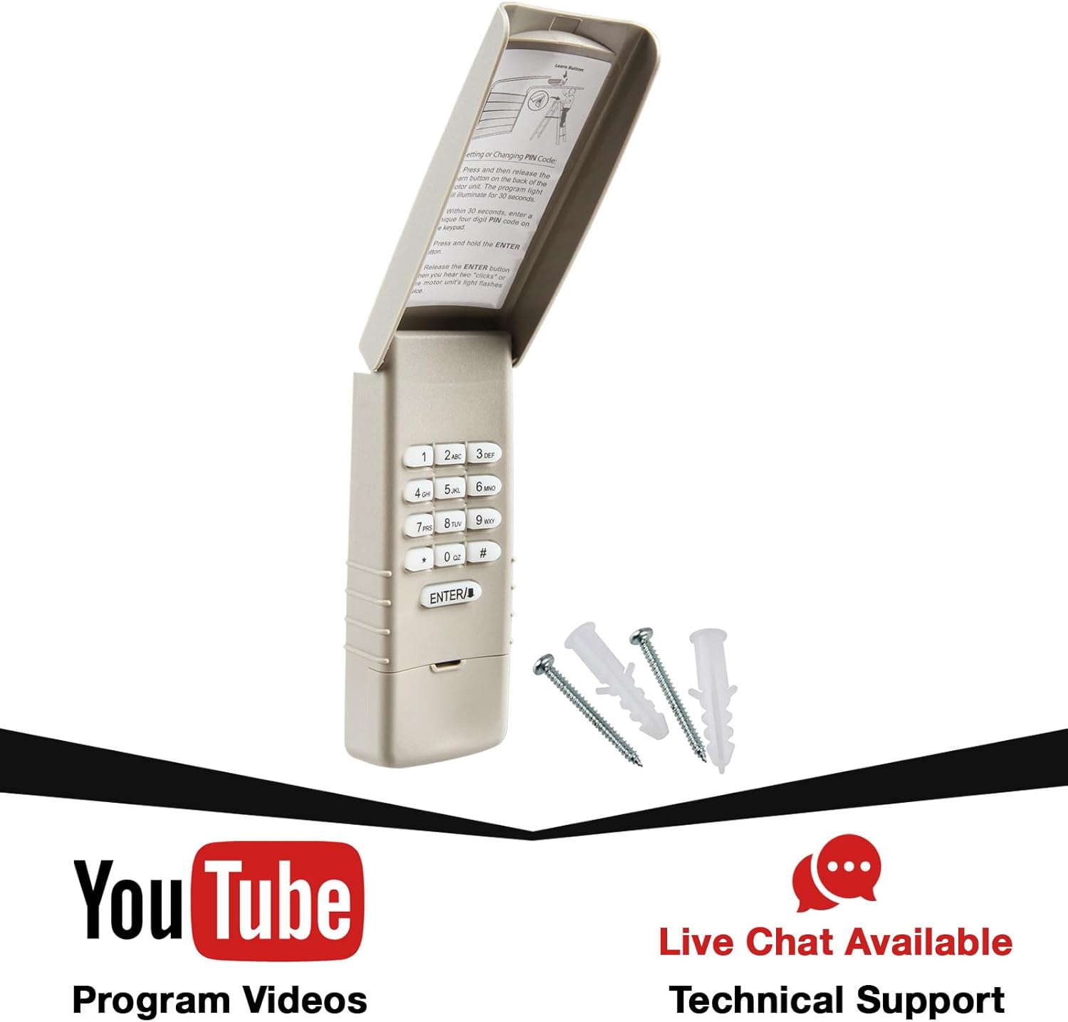 Garage Outlet Keyless Keypad with icons for YouTube Program Videos and Live Chat Technical Support