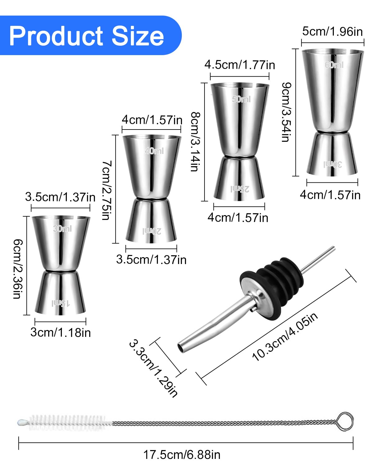 4-częściowe miarki do koktajli, miarka barowa ze stali nierdzewnej 3cl/4cl/5cl/6cl, podwójna miarka do ginu z 4 nalewakami do butelek i 2 szczotkami