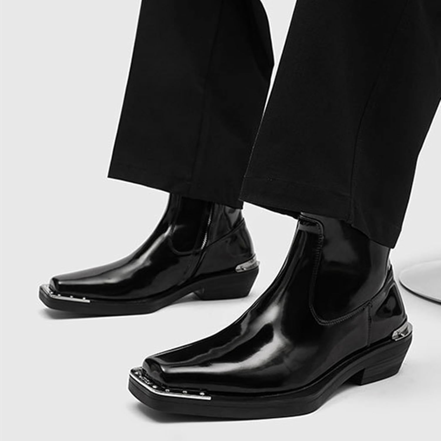 Men's Leather Chunky Heel Chelsea Boots Fashion Metal Decoration Square Toe Side Zip Dress Boots Comfortable Business Casual Ankle Boots - Image 6