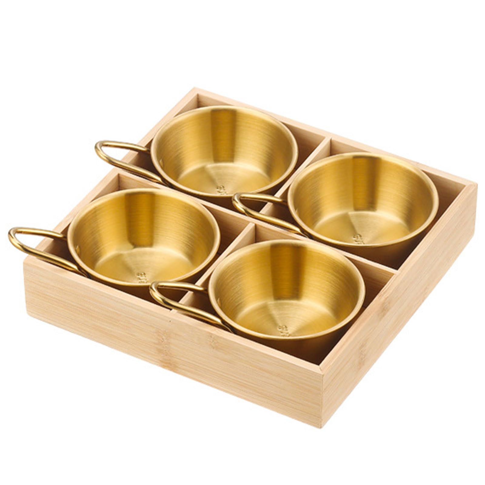 Dxcaicc Gold Stainless Steel Food Serving Trays With Wooden Tray,Appetizer Bowl Set With Handle,Mul Compartments Dipping Serving Saucers Serving Tray,,A