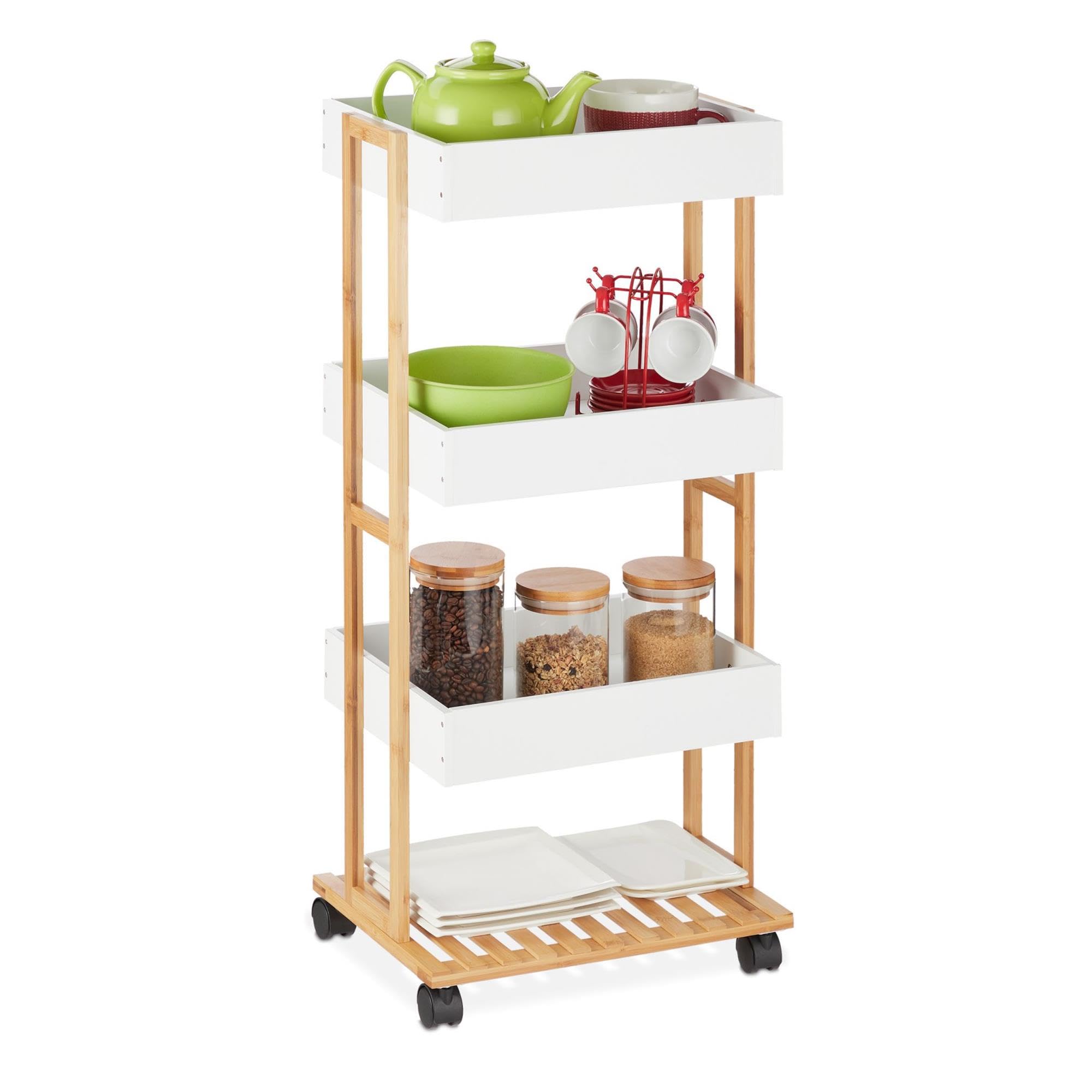 Well Home Carrello portaoggetti in bambù con 1 ripiano e 3 vassoi di colore bianco 40x30x87,5cm