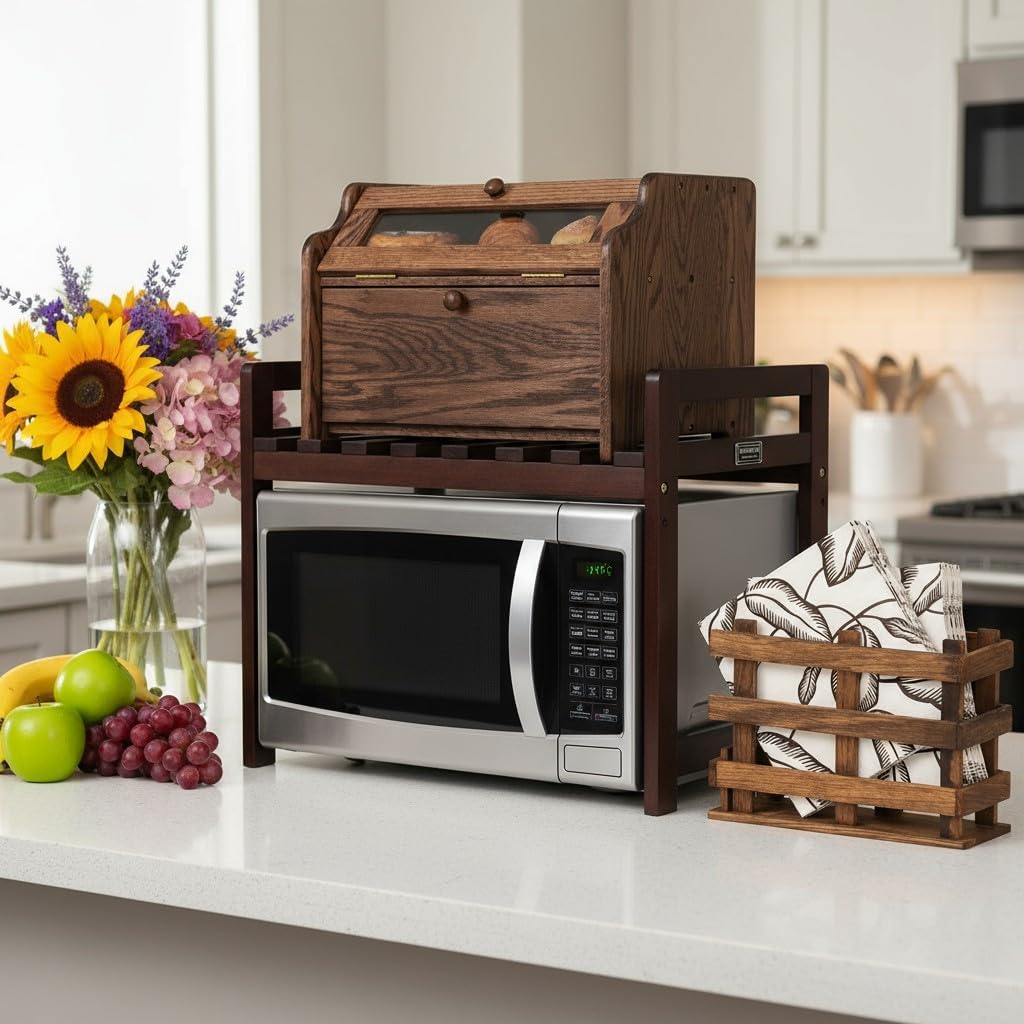 CONSDAN Microwave Stand, USA Grown Hickory Microwave Shelf, Wooden Microwave Rack for Kitchen Counter Organization