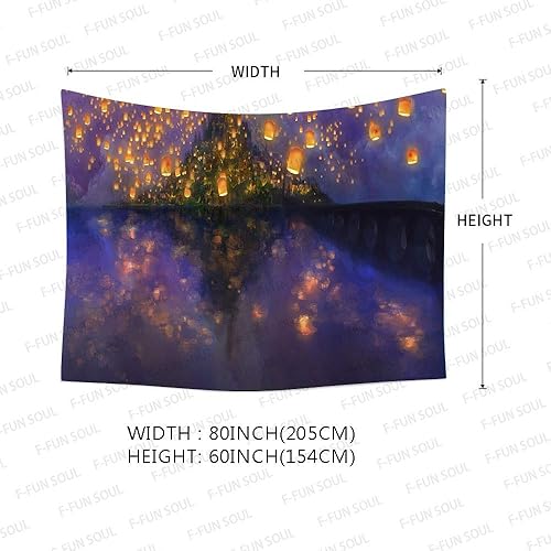 Miniatura 5 de F-FUN SOUL Tapiz de castillo nocturno, franela suave grande de 80 x 60 pulgadas, patrón difuso de linterna de castillo de dibujos animados, tapices