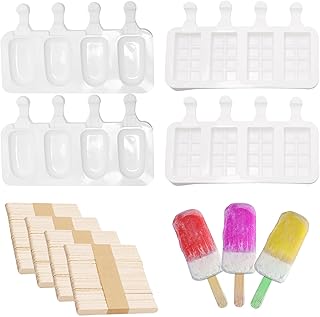4pack Ice Cream Silicone Mold Popsicle Molds Reusable Oval & Lattice Cake Pop Molds with 200 Pieces Wooden Sticks for DIY Popsicle Ice Pop Mold Cakesicles Molds White