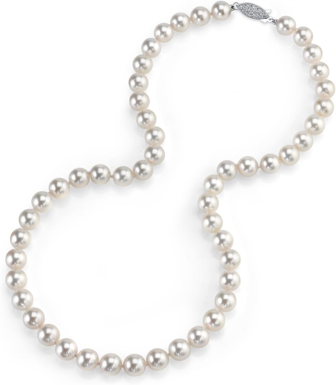 The Pearl Source 14K Gold AA+ Quality Round Genuine White Japanese Akoya Saltwater Cultured Pearl Necklace for Women