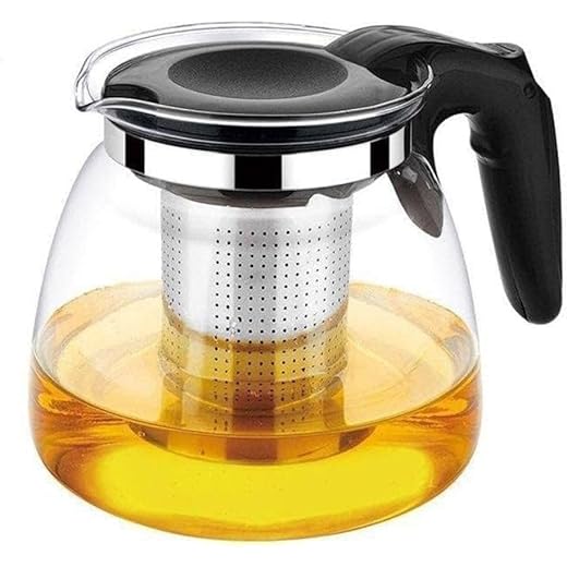 KiKiluxxa Round Glass Kettle with Plastic Handle Lid 1 Liter - Non Gas Stovetop Safe Tea Pot with Heat Resistant Stainless Steel Infuser Perfect for Loose Leaf Tea (Yorotez Kettle)