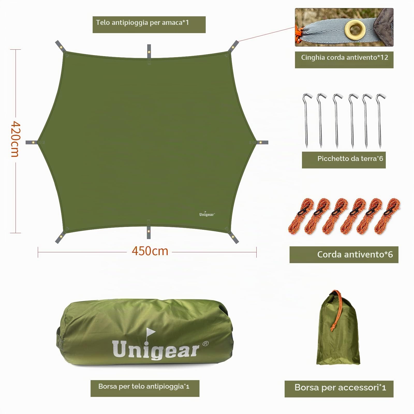 Unigear Tarp Campeggio Esagonale Impermeabile PU 3000 mm UV per Amaca | Telo per amaca leggero e compatto, disponibile 450 x 420 cm o 350 x 290 cm, per zaino, trekking, viaggi e riparo outdoor