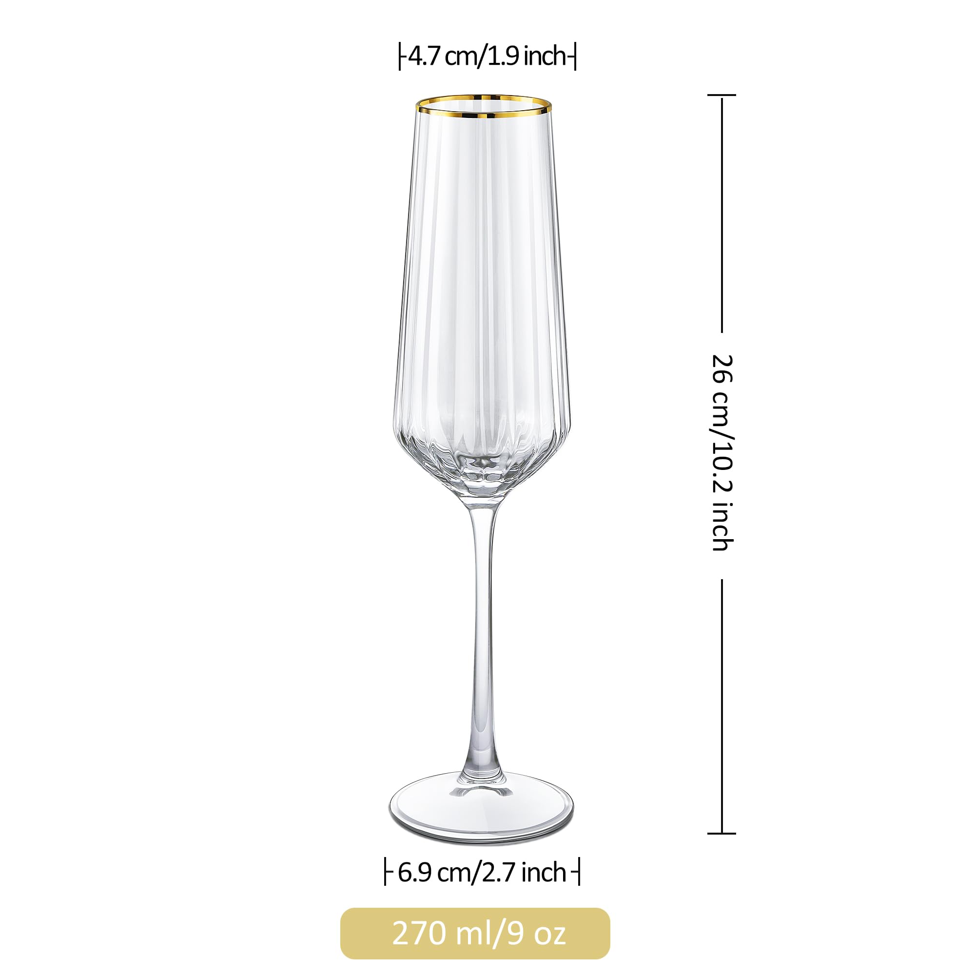 Joeyan 270ml Flute Champagne Verre Élégantes avec Bord Doré,Lot de 2 Coupe à Vin Rayés,Soufflé à la Main,Transparent Verre a Pied Cristal pour Noël Fêtes Mariages anniversaire,Passe au lave-vaisselle