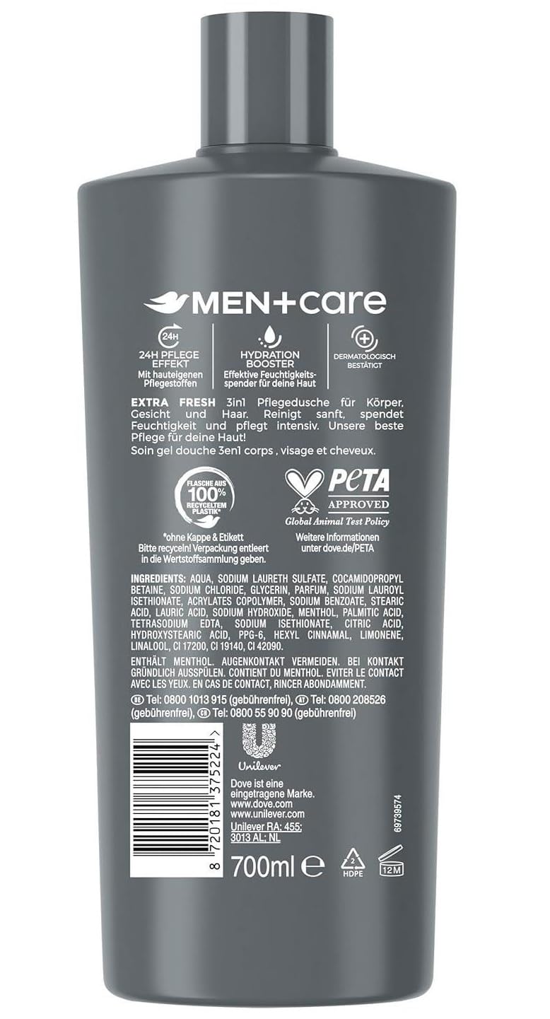 Dove Men + Care żel pod prysznic 3 w 1 - Extra Fresh - do ciała, twarzy i włosów / z efektem pielęgnacji 24 h - 700 ml