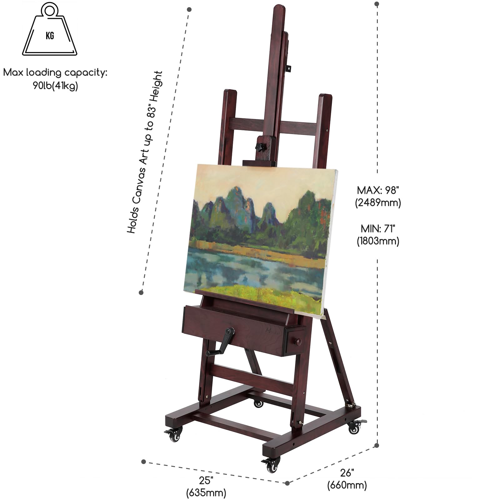 MEEDEN Sztaluga do regulacji korby Deluxe, sztaluga studyjna Master H-Frame, wytrzymała sztaluga artysty, sztaluga wystawowa, wykończona palisandrem, utrzymuje płótno o wysokości do 210 cm