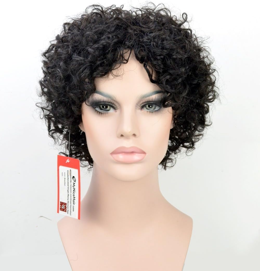 MyNiceHair-Pure Human Hair Non Lace Short Curly Wigs for Black Women (1B#)