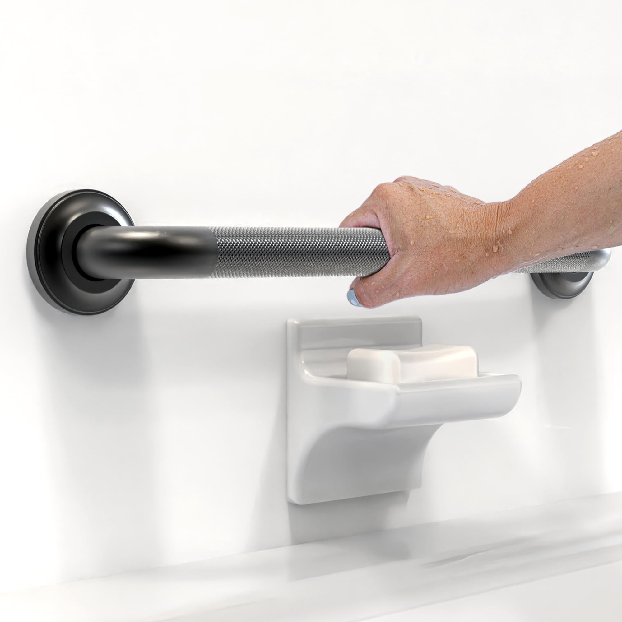 AquaChase 18in Heavy Duty Shower Grab Bar, Knurled, Bathroom Mobility Aid, Stablilization Help for Seniors and Disabled, ADA Compliant 500lbs Support, Rustproof Stainless Steel (Matte Black)