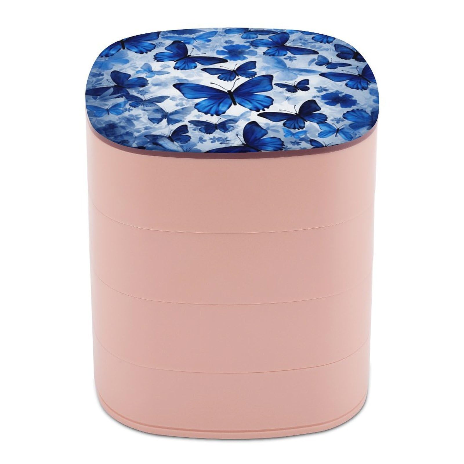 VstaDank Blue Butterflies Jewelry Box with Mirror Travel Small Jewelry Case for Women 4-Layer Rotatable Jewelry Organizer Storage Box Portable Jewelry Storage Case for Rings Earrings