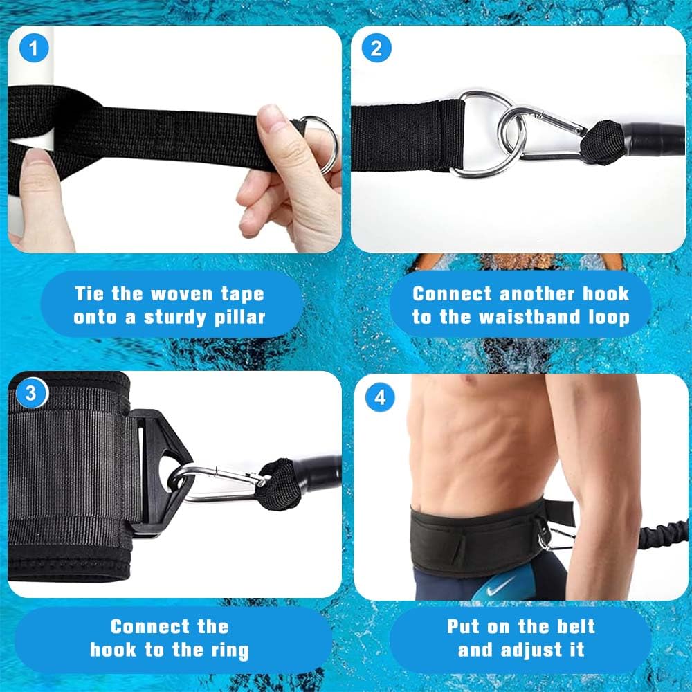 Breiterer Schwimmgurt Pool Erwachsene, 10cm Breiter Pool Schwimmgurt, 4-12M Verstellbarer Gegenstromanlage für Pool mit 2× 304 Edelstahl Ersatzschnallen für Schwimmtraining Geeignet