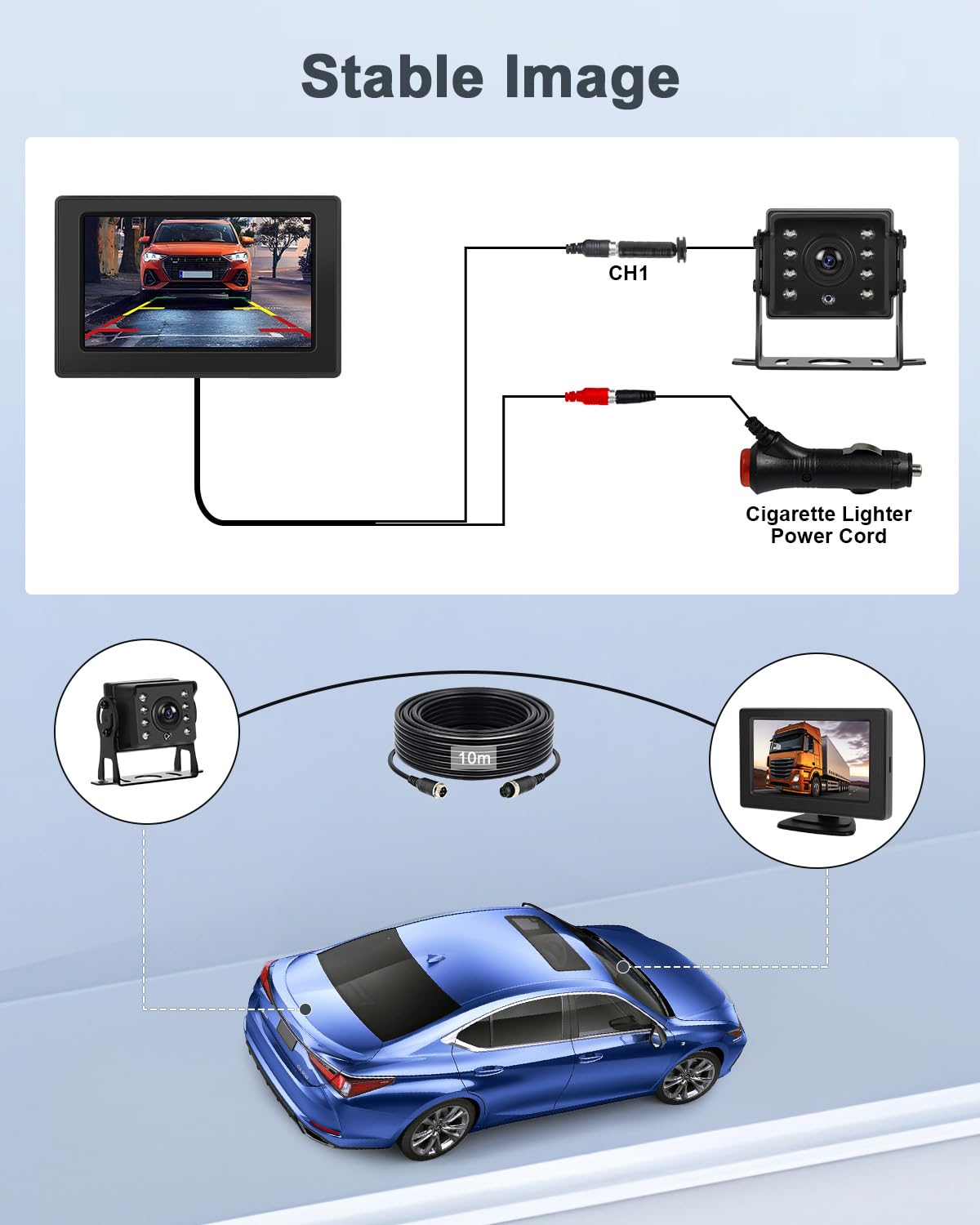 Inefala 4,3-calowa kamera cofania z monitorem IPS, kamera AHD Night Vision wodoodporna IP68 Cofanie 12 V bezprzewodowa kamera cofania do samochodu