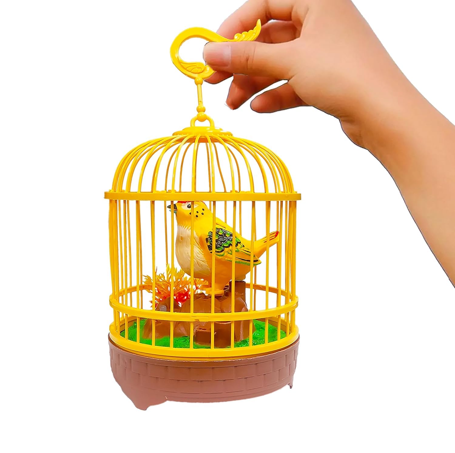 VGRASSP Sound Activated Chirping Bird in Hanging Cage - Beautiful Pinjra Bird Toy for Kids with LED Light- Clap to See The Moving Beak and Flapping Wings - Color and Design As Per Stock (Design 2)