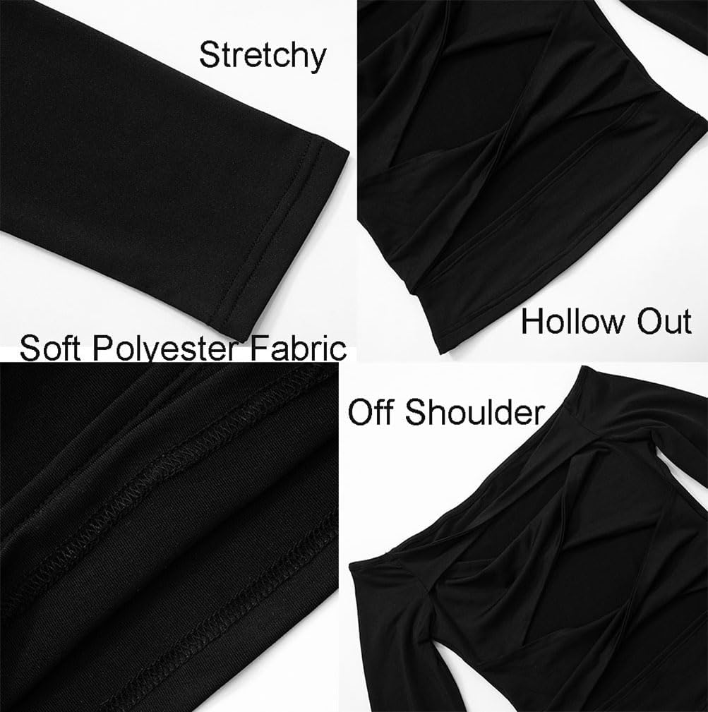 Women Black Cutout Top Shirt Long Sleeve Ruched Bodycon Crop Top Hollow Out Halter Blouse Pullover Streetwear - Image 6