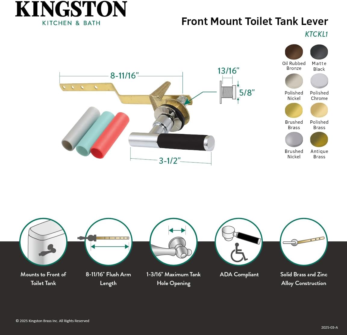 Kingston Brass KTCKL7 Kaiser Front Mount Toilet Tank Lever, Brushed Brass