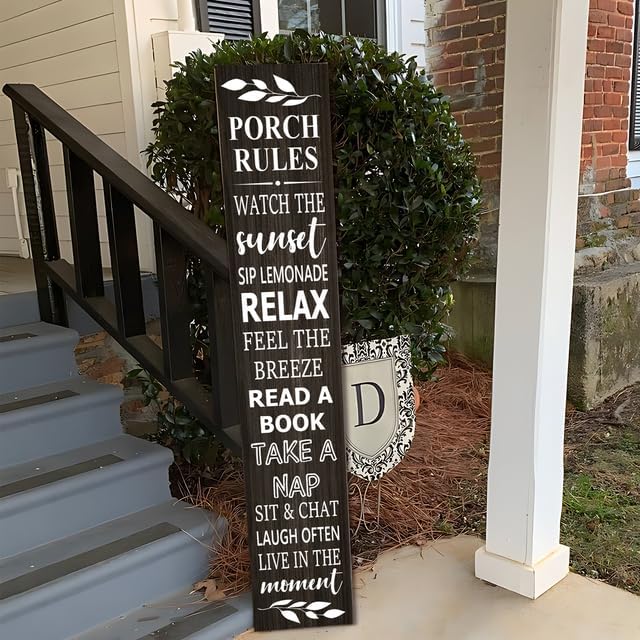 Porch Rules Welcome Porch Board Sign and Porch Leaner for Front Door Porch Deck Patio or Wall, Wooden Porch Welcome Sign, Farmhouse Rustic Vertical Porch Wall Decor 8inx48in