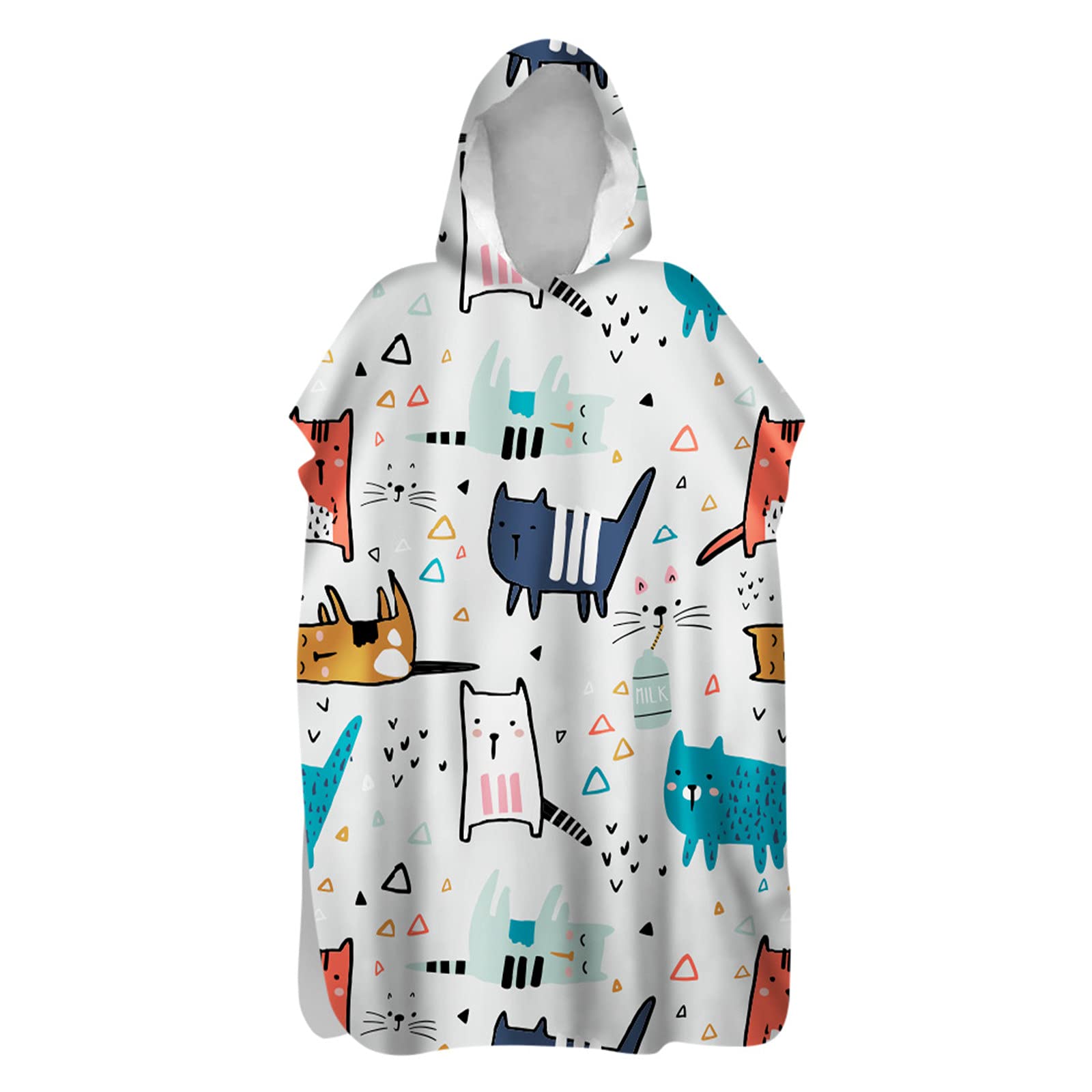 Chickwin Changing Dry Robe Towel Poncho for Adult Kid, Cat Printed Poncho with Hooded Swim Beach Towel Microfibre Beach Surfing Swimming Robe (Colorful triangle,80x145cm)