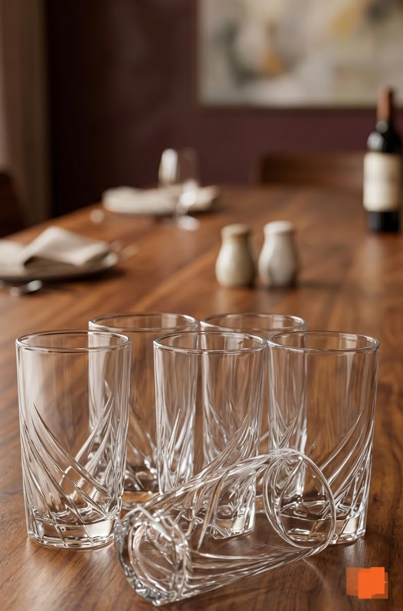 Crystal Cut Glass Tumbler Set, Clear, Decorative Etched Pattern, Set of 6, Drinking Glasses,300ML-picture-15