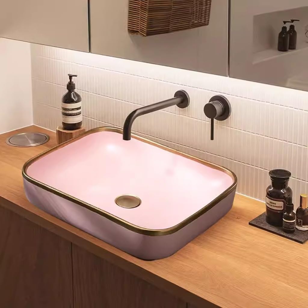 Ceramiczny zlew na naczynia, nowoczesna porcelanowa umywalka nablatowa z kranem i ociekaczem, mała umywalka łazienkowa